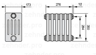Схема (чертеж) Радиатор Zehnder Charleston 5035/6 №7610 Белый глянцевый RAL 9016